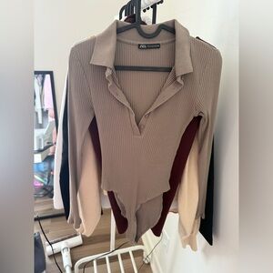 Zara Women's Taupe Ribbed Bodysuit